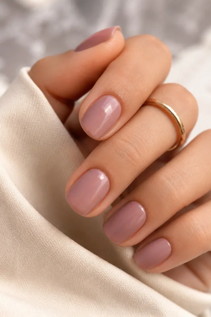 Short squoval nails in a mauve-pink nude, glossy finish, with a smooth gradient from cuticle to free edge.
