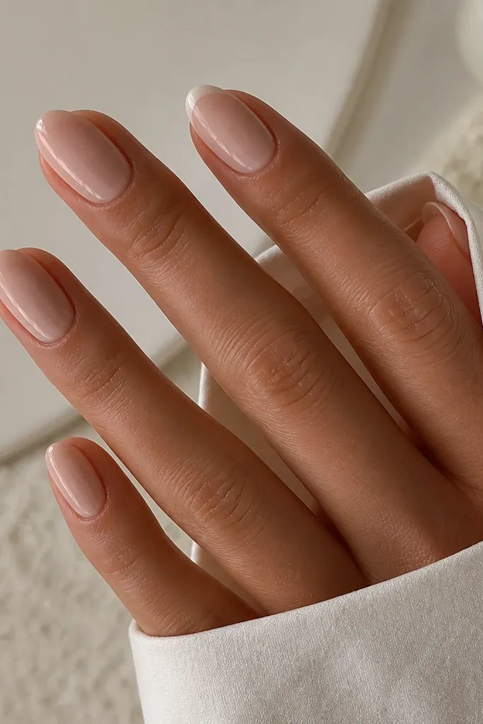 Short almond nails in sheer nude; the ring finger has a super thin nude-pink French line at the tip, other nails are plain.