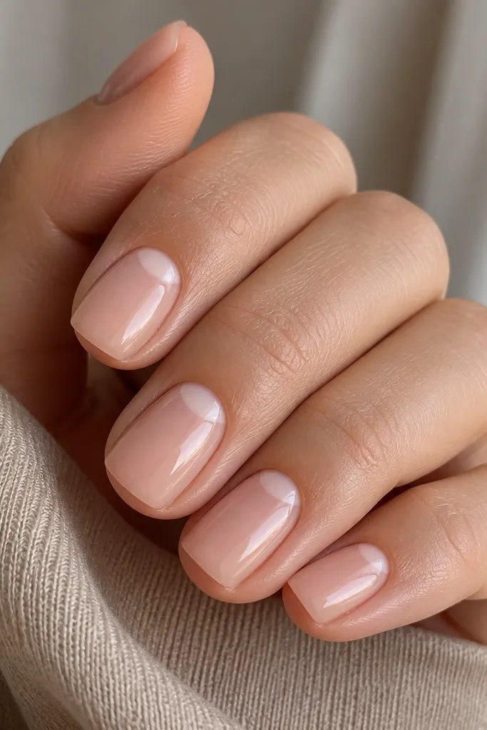 Short squoval nude nails with a subtle half-moon highlight at the cuticle in a lighter pink sheer, glossy finish.