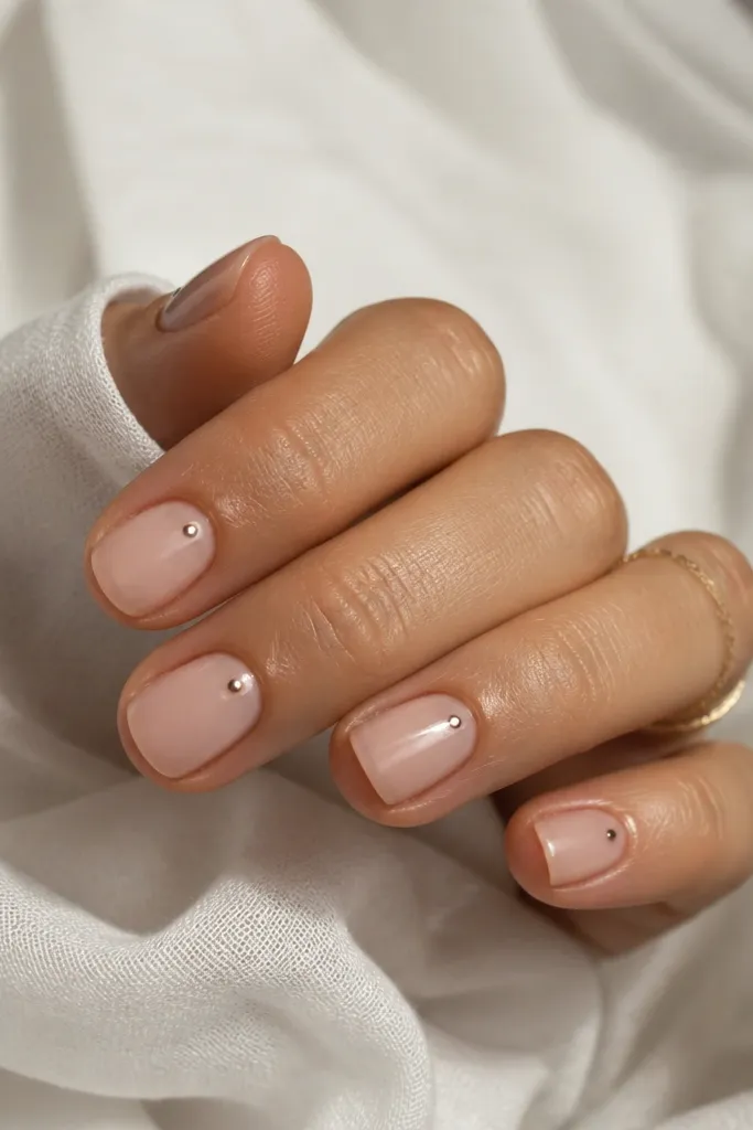 Short nails in sheer nude with two or three tiny dots near the cuticle on each nail, glossy topcoat.