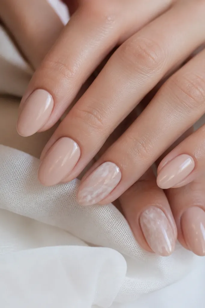 Short almond nude nails with one or two accent nails showing soft marble swirls in translucent white and pale taupe, glossy finish.