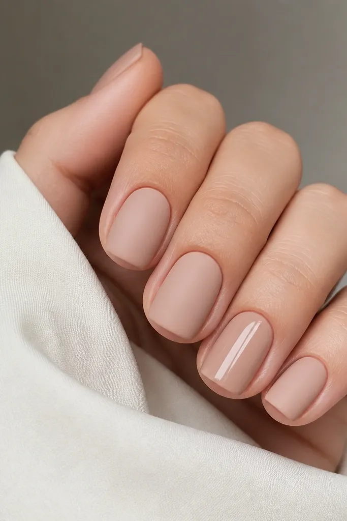 Short squoval nude nails with a matte finish; the ring finger has a single glossy vertical stripe down the center.