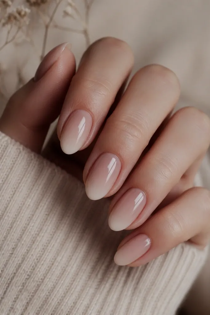 Short almond nails with a soft nude ombre: slightly deeper nude at the cuticle fading to lighter milky nude at the tips, glossy finish.