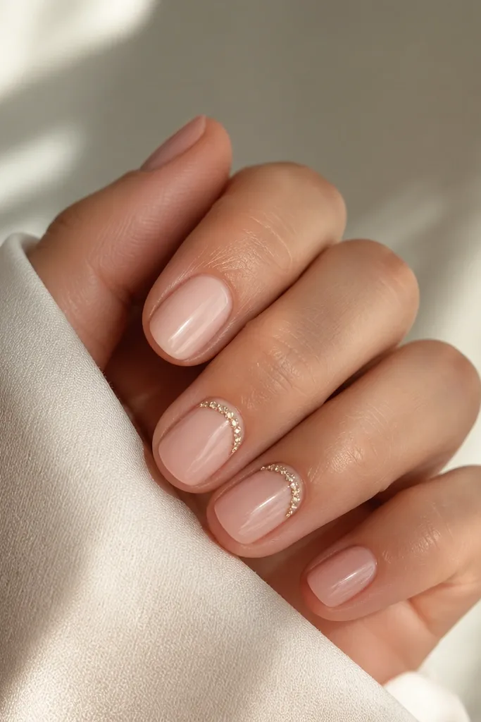 Short nails in glossy nude with a thin line of tiny rhinestones across the cuticle area on one or two accent nails.