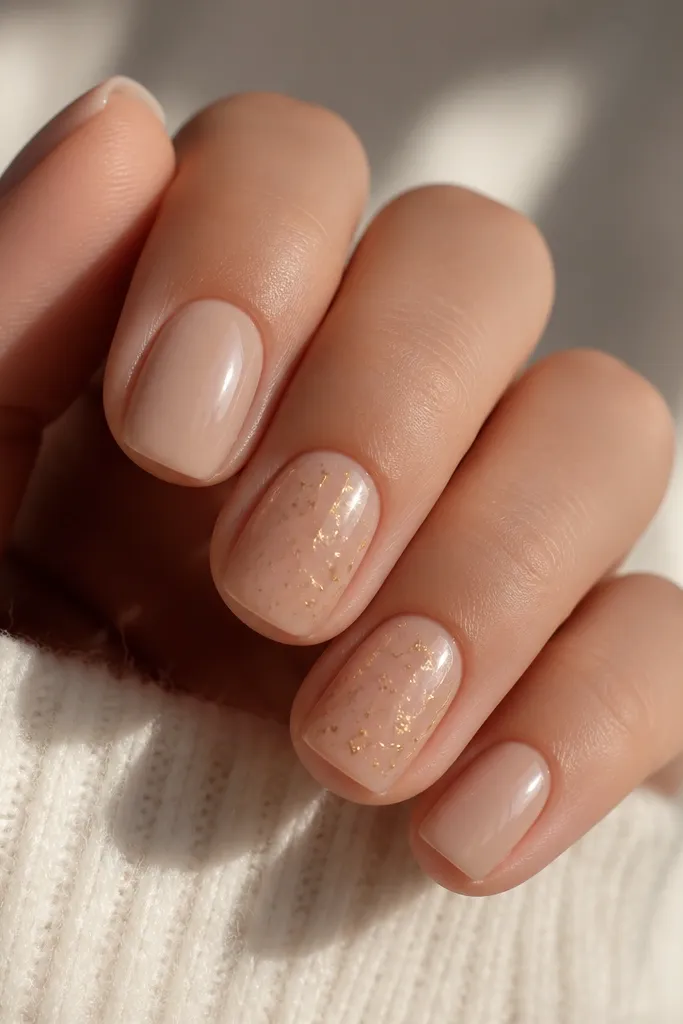 Short squoval nails in nude; two accent nails have scattered tiny gold foil specks that look like dust, glossy topcoat.