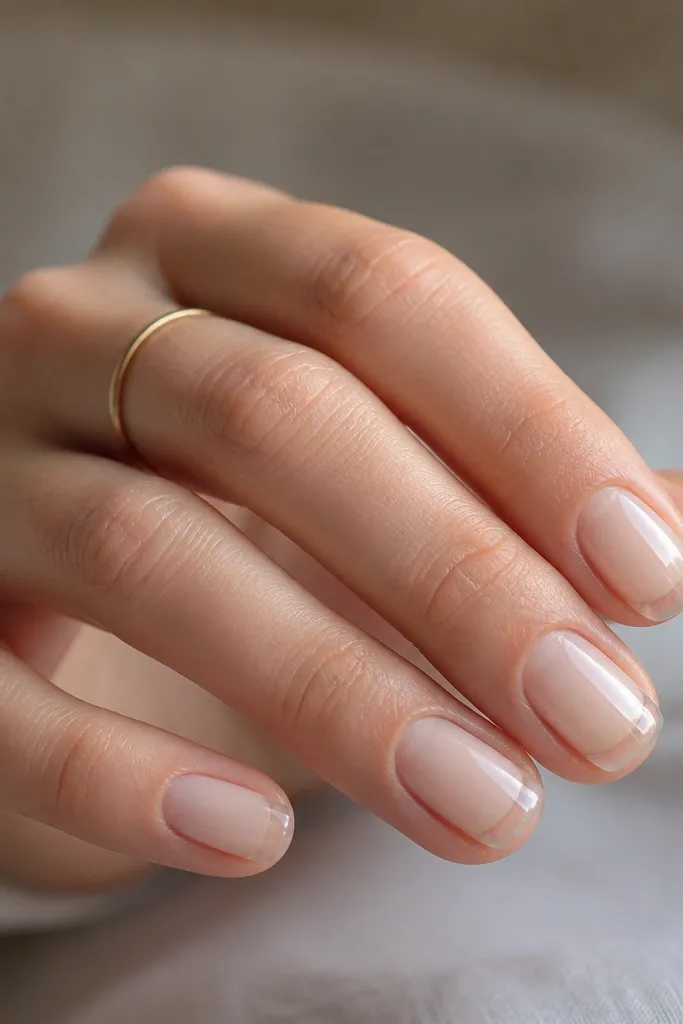Short nails with a nude opaque center and a translucent clear edge near the free rim, glossy like glass.