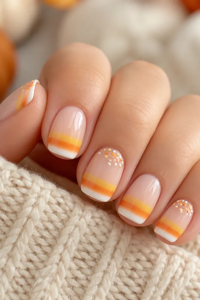 Five short nails with a milky nude base. The tips show a candy corn gradient split into three bands: pale yellow on top, orange in the middle, and white at the bottom. Two accent nails have tiny dot "sprinkles" near the cuticle.