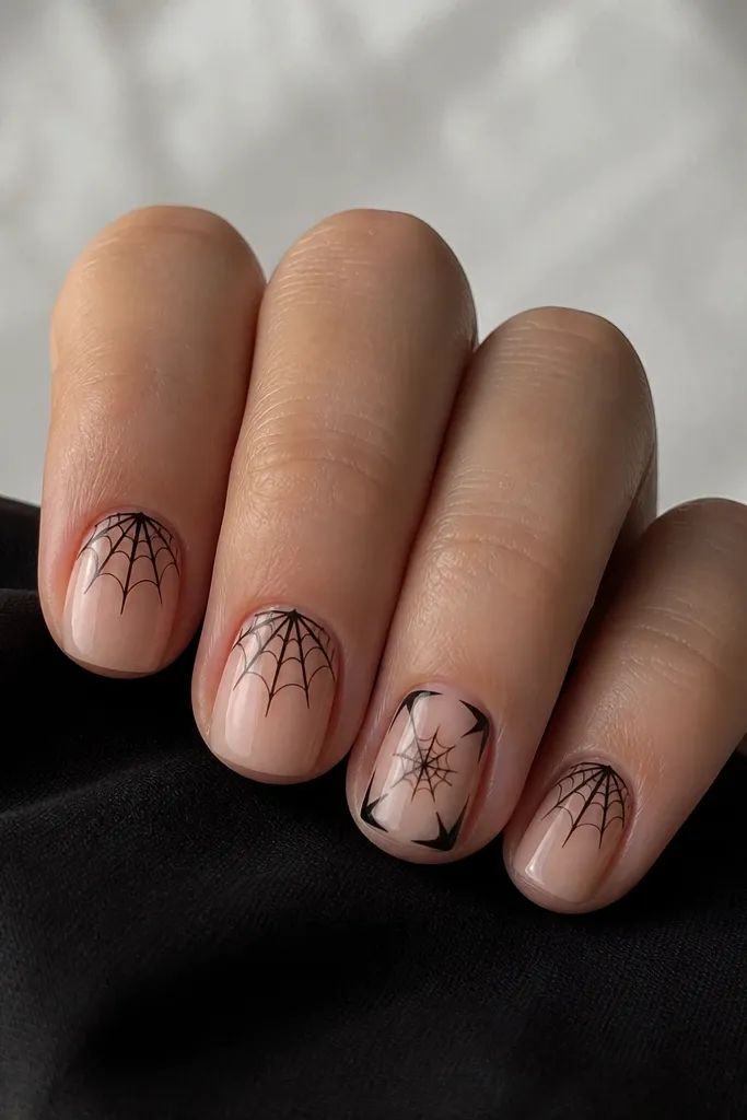 Short nude nails. Four nails have a tiny spider web starting from the center near the cuticle and fanning outward with thin black lines. One nail has black at the corners like a subtle frame and a smaller web in the middle.
