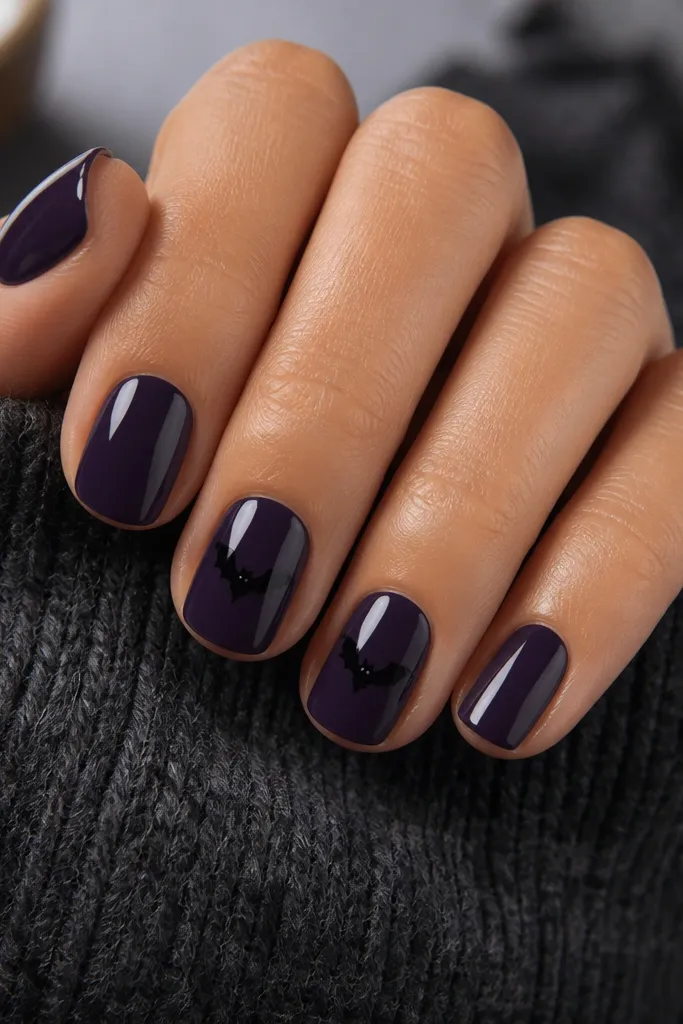 Deep purple short nails with a glossy finish. Three nails are plain. Two nails have a small black bat silhouette centered on the nail, wings spread like a simple V shape. The bat has a tiny body dot and two wing arcs.