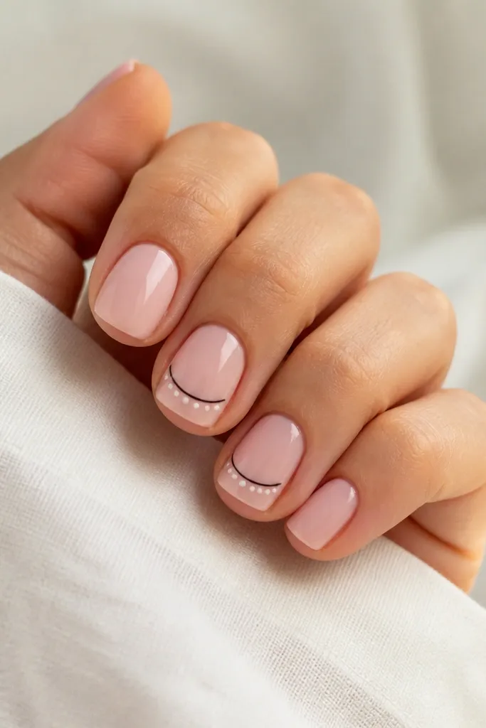 Milky pink short nails with a glossy finish. On two nails, there's a thin black curved smile line near the middle of the nail. Tiny white dot "teeth" sit along the bottom edge of the smile, spaced evenly like small squares.