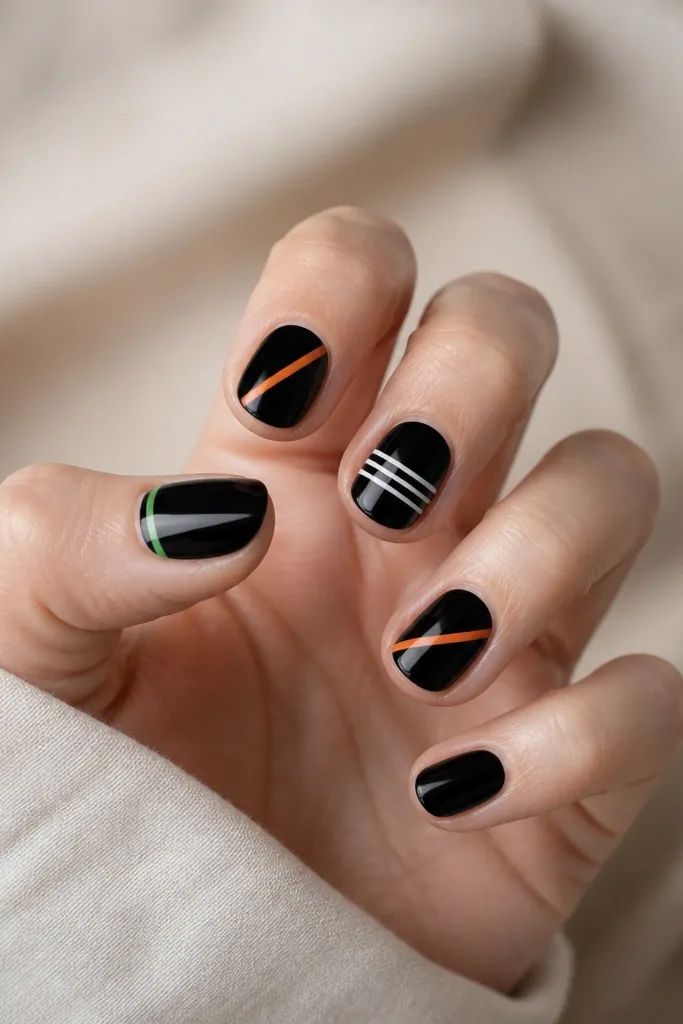 Short nails painted solid black. Two nails have diagonal orange stripes. One nail has thin white horizontal stripes across the middle. Another nail has a small green stripe near the cuticle. Each stripe is crisp and straight.