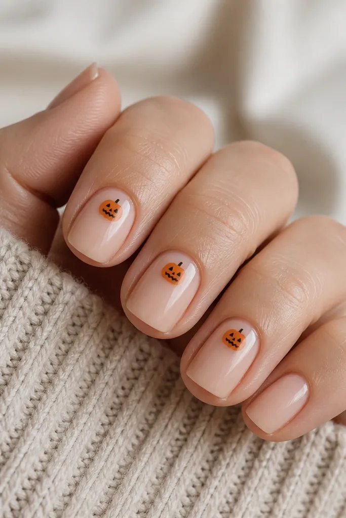 Nude short nails with tiny orange pumpkins. Pumpkins are placed near the cuticle on three nails. Each pumpkin has a simple triangle nose, a small zigzag mouth, and two dot eyes. The rest of the nails are plain nude with a glossy topcoat.