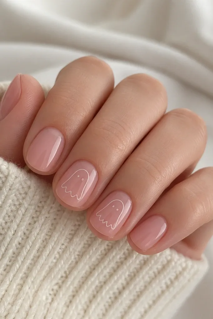 Clear pink short nails. Two nails have white ghost outlines drawn in a simple rounded shape with scalloped bottom and two dot eyes. The outline is thin, and the rest of the nails are plain glossy pink.