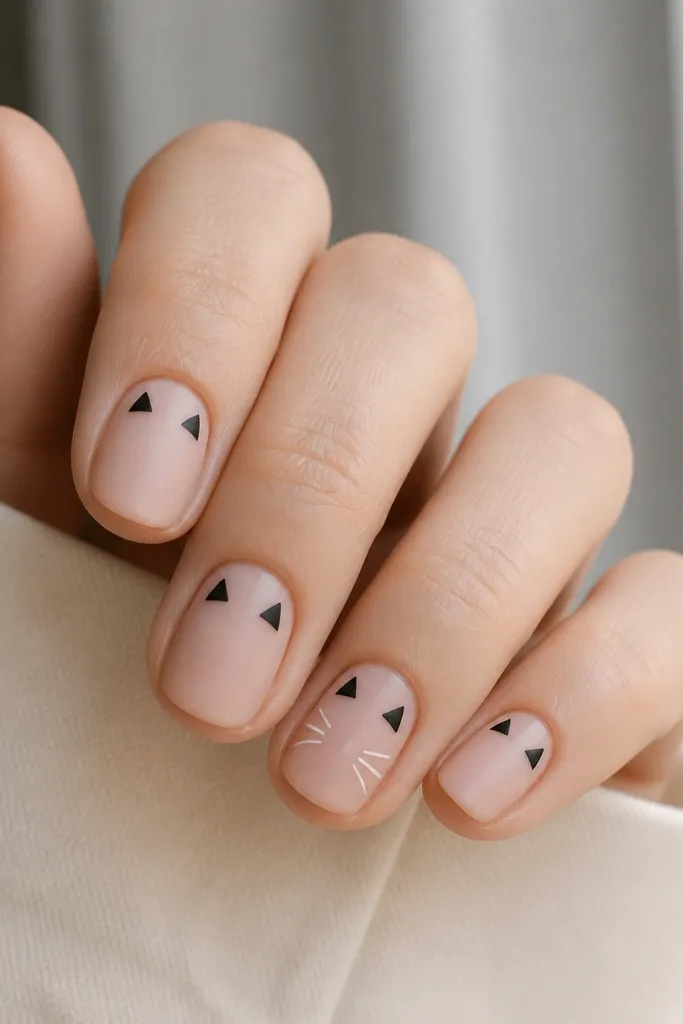 Matte nude short nails. Each nail has two small black triangles near the top like cat ears. One nail also has a tiny whisker line on each side, drawn with thin white polish.