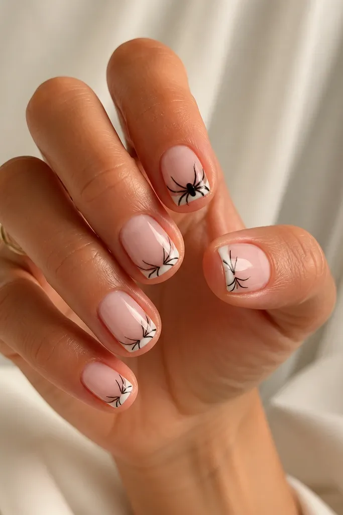 Nude base with a thin white French tip on short nails. From the sides of the French line, thin black spider legs extend outward like a spider webbing. One nail has extra legs crossing over the tip.