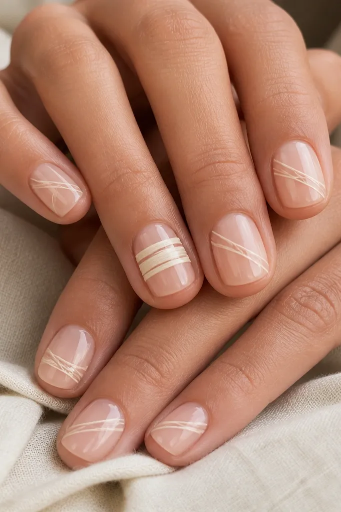 Clear nude short nails with thin off-white wrap lines crossing diagonally. On two nails, the wrap lines form a band around the center. The finish is glossy, and lines look like fabric strips.