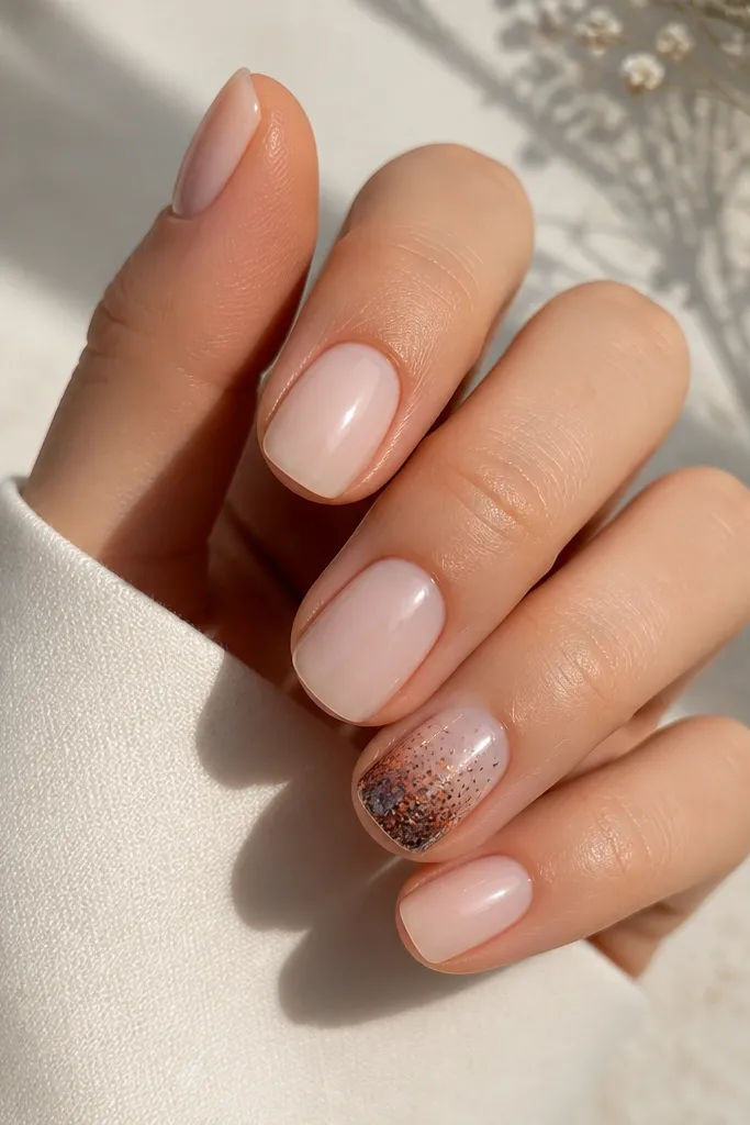 Short nails with a milky nude base. Four nails are plain. One nail has dense orange-black glitter concentrated near the tip, fading slightly upward. The nail shape is short squoval.
