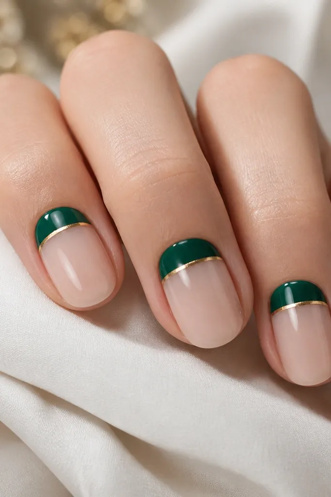 Close-up of nails with an emerald half-moon at the cuticle, a crisp thin gold line separating emerald from bare nail, and a glossy top coat.