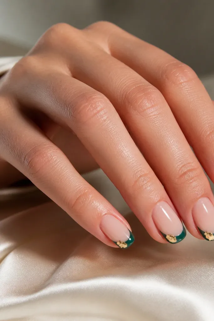 Nails with nude base, emerald French tips, and a small gold foil corner at the outer edge of each tip.