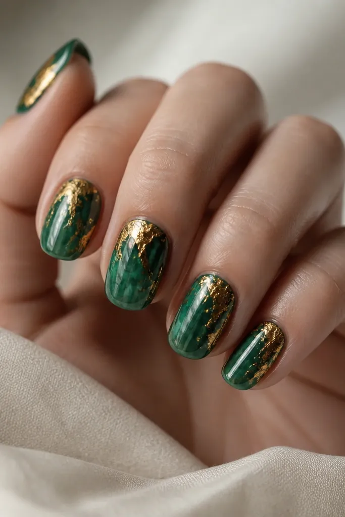 Glossy nails with a translucent emerald jelly base and gold foil that looks melted from the center toward the edges.