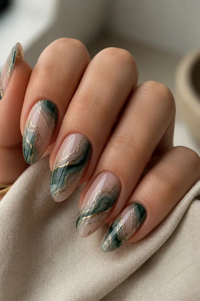 Nails showing emerald marble swirls over a nude base with hair-thin gold lines tracing the marble movement.