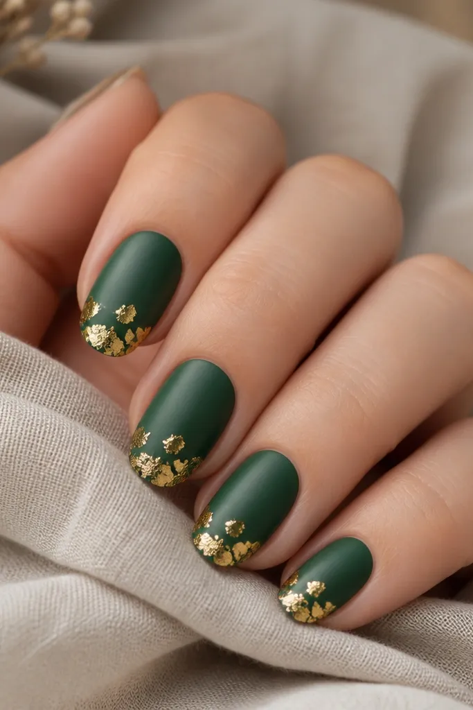 Half-matte nails with satin-finish emerald and small gold leaf pieces clustered at the free edge.