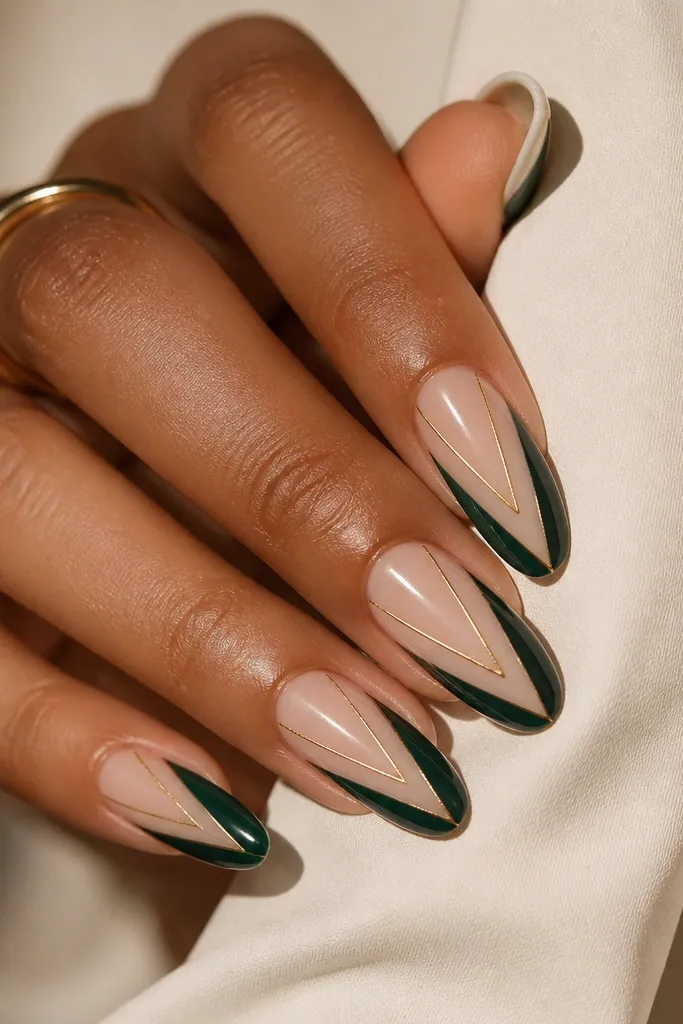 Nails with a nude center V shape outlined by gold, and emerald blocks on each side, leaving a clear negative space V.