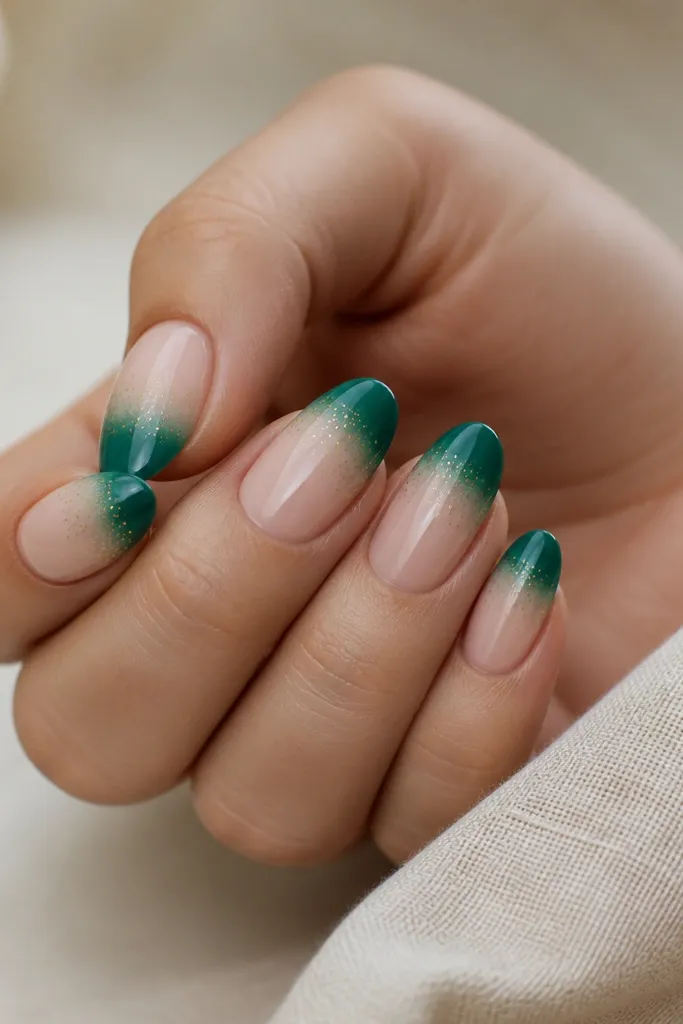 A smooth emerald fade from the tip into nude, with small gold stipple dots near the fade line.