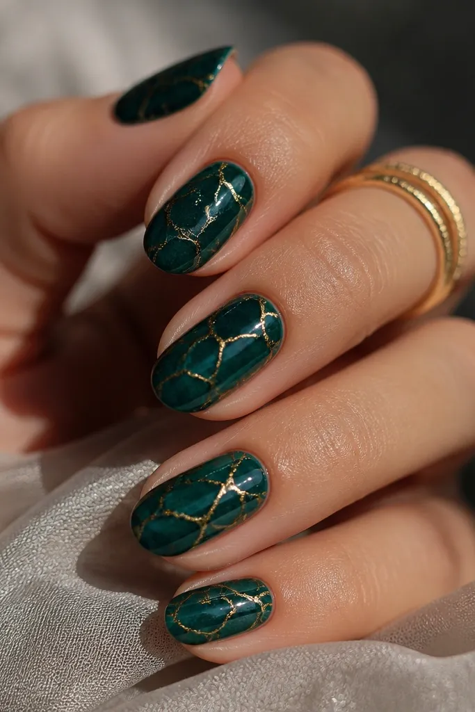 Emerald nails with crackle pattern lines, and thin gold foil sitting in the crack paths.