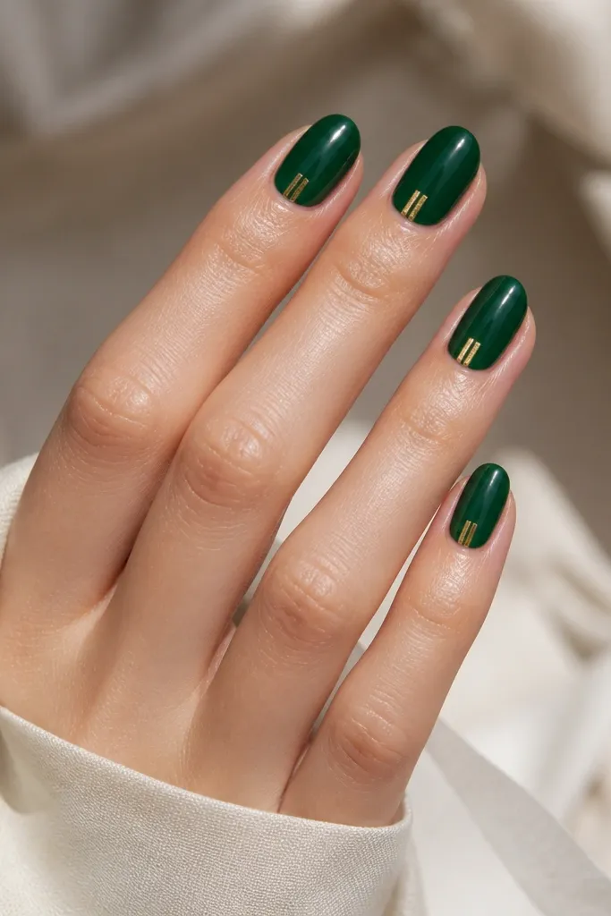 All-over emerald nails with one or two thin gold rectangular bars near the sidewall, glossy finish.