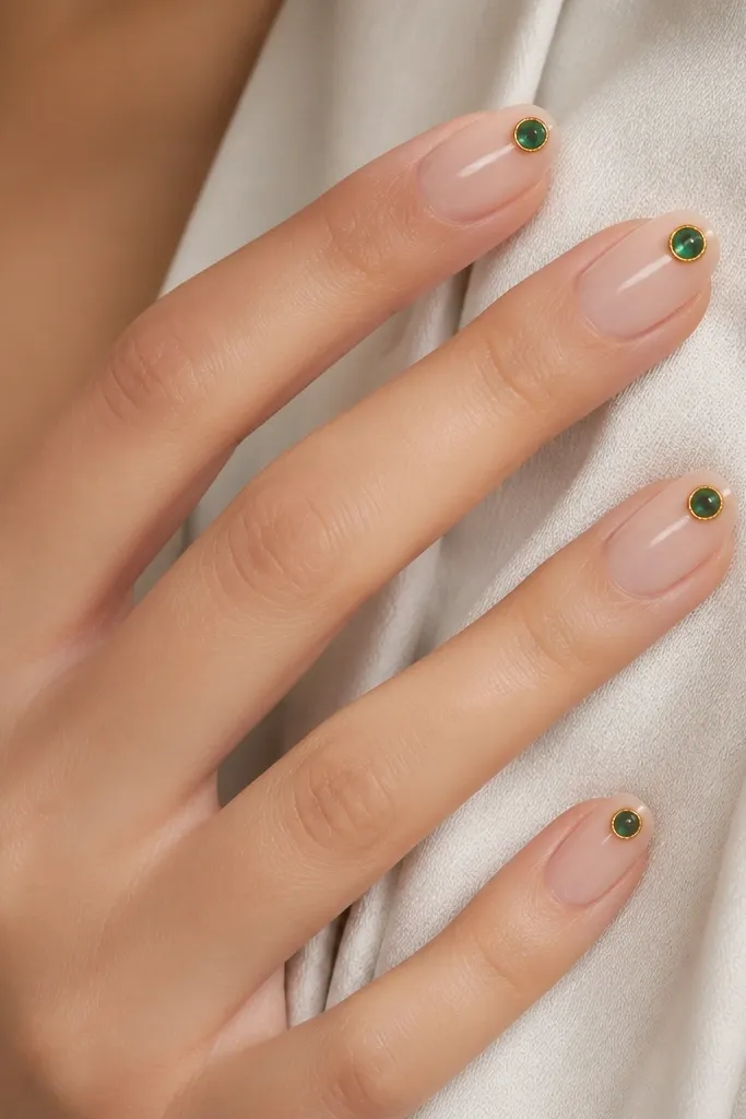 Nude nails with small emerald circles near the tip, each circle outlined with fine gold, glossy finish.