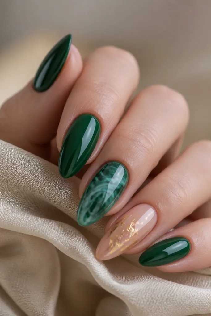 Mixed nails: some emerald solid, some nude with gold foil, one marbled emerald nail, all glossy.