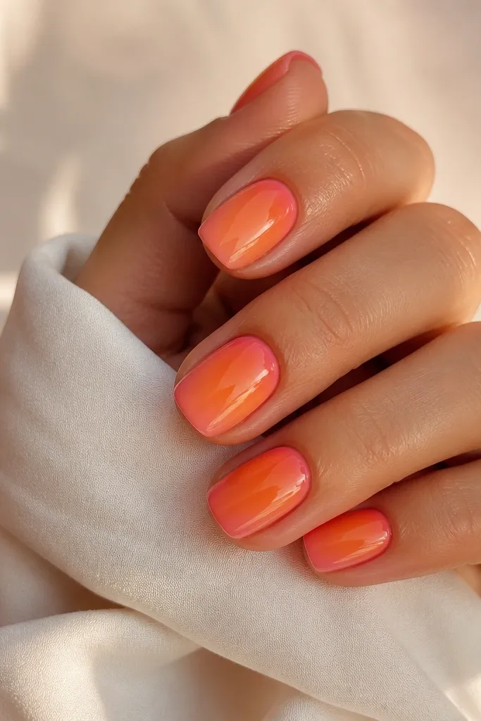 Short squoval nails with a soft ombré from a muted coral base into bright orange at the center; the fade is smooth with no harsh lines. Each nail has a glossy finish that catches light like a warm sky.