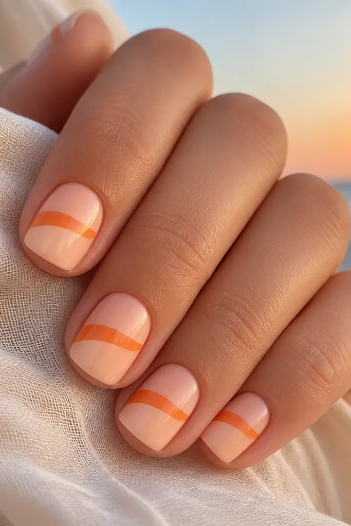 Short nails with a pale peach sky on the lower half and a deeper orange band across the middle; the horizon line is a clean, slightly curved stripe. The top coat is mirror glossy.