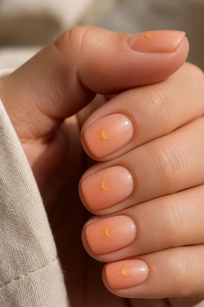 Short nails with a warm peach base. On each nail, a small crescent sun sits slightly left of center, with two short orange-yellow beams radiating outward. The rest of the nail fades gently darker near the tips.