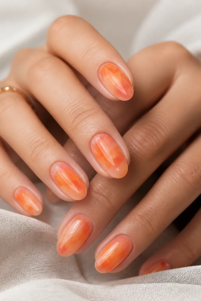 Short almond nails with a watercolor-style fade: bright orange blooms in the center and spreads into coral and peach around it. The edges look airy, like pigment in water, but still glossy.