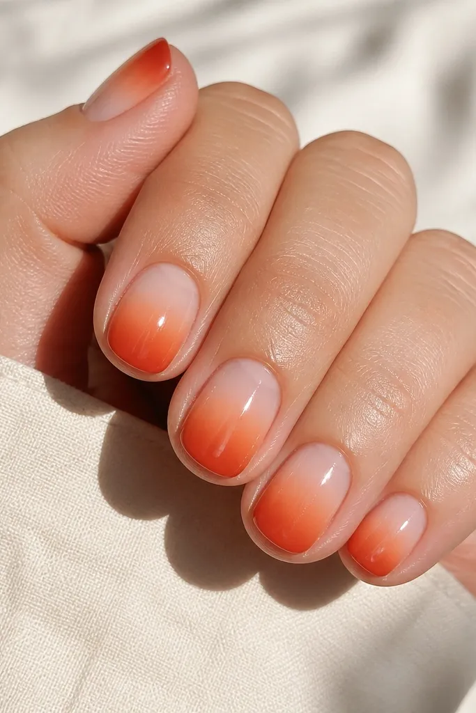 Short rounded nails with a milky nude base. The tips have a reverse ombré: deeper terracotta at the free edge fading up into orange and peach. The gradient is smooth and glossy.