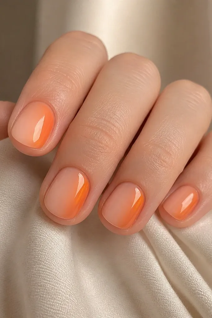 Short nails with a pale peach base. Bright orange glows along the right sidewall of each nail, fading inward like light through a window. The left side stays lighter.
