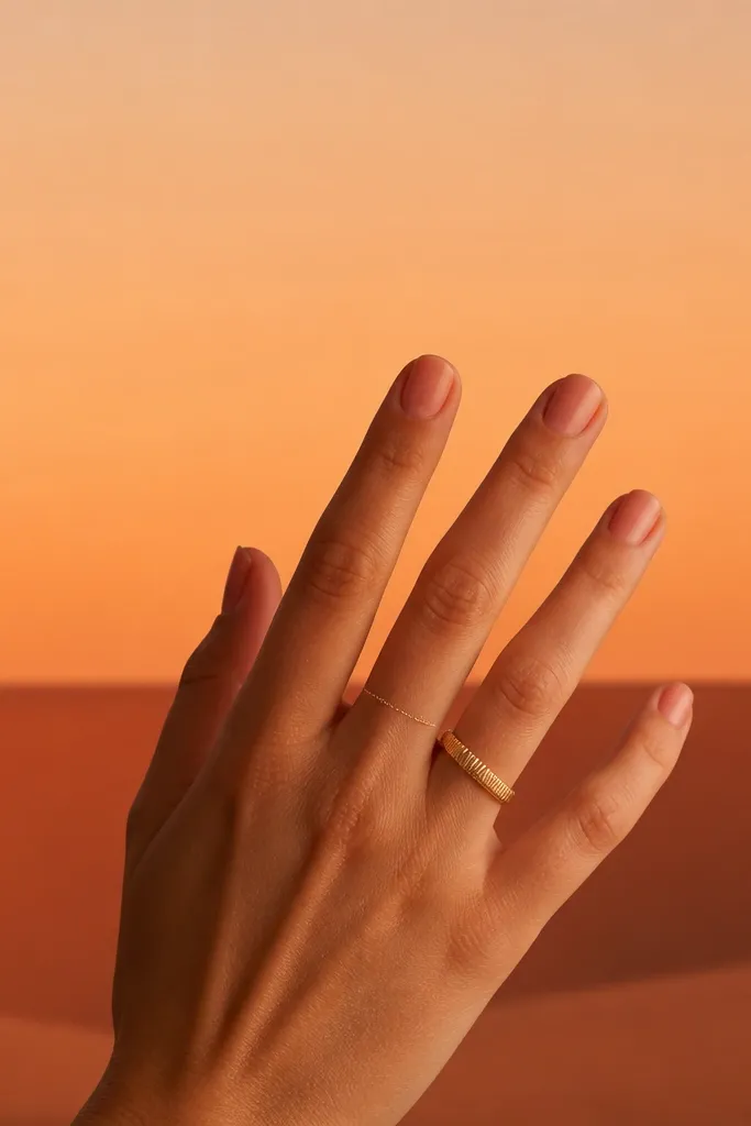 Short nails with a peach-to-orange gradient sky. A thin burnt orange horizon line sits across the middle, and below it is a small curved dune shape in darker orange-brown.
