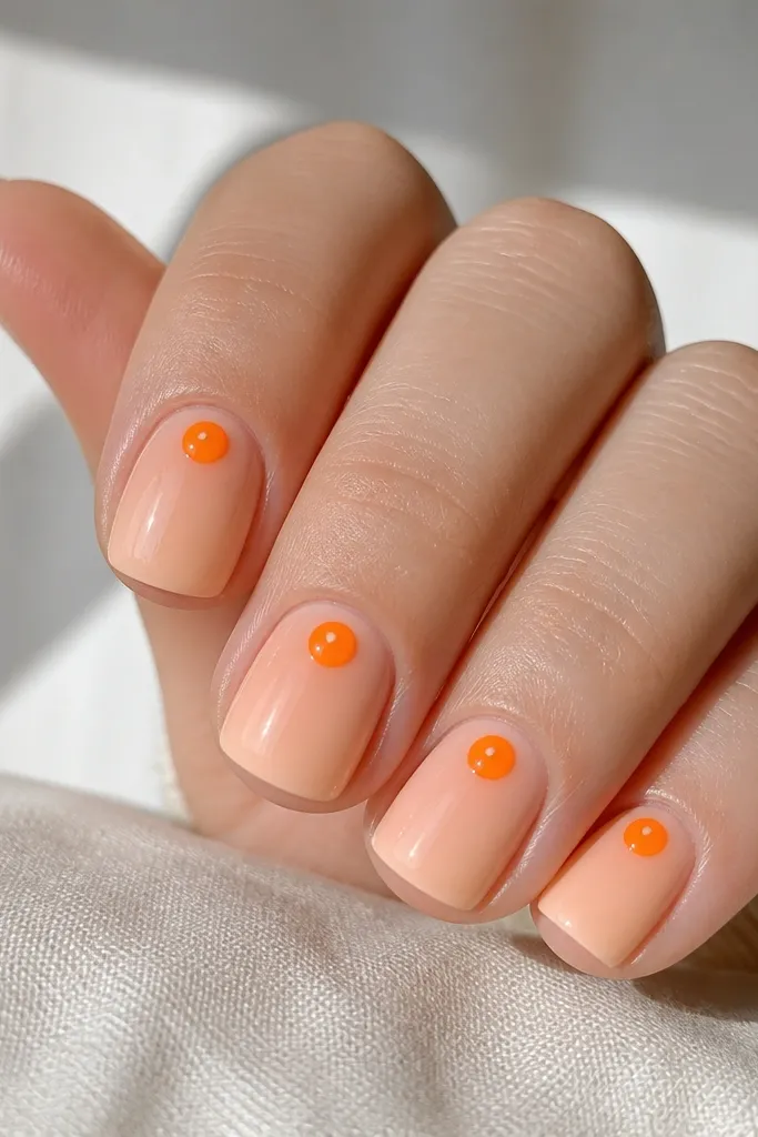 Short square nails with a glossy peach base. Each nail has a small perfect-looking orange circle near the cuticle with a tiny white highlight dot. A soft gradient fades toward the tips.