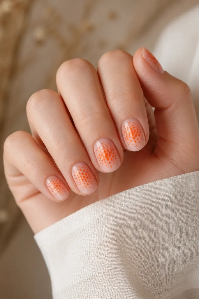 Short nails with a nude base. Bright orange dots form a tight gradient cluster in the center, with fewer dots fading outward. The finish is glossy and smooth.