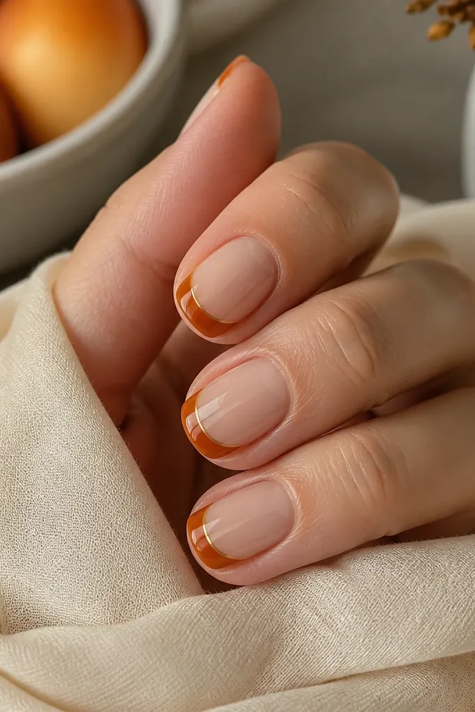 Short nails with a sheer nude base. The French tip is a classic white-free edge shape, but the line is replaced by a burnt orange curved band with a tiny yellow edge highlight. Glossy finish.
