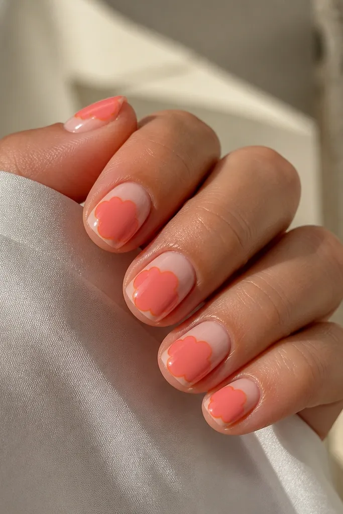 Short rounded nails with a coral cloud fade in the center. A thin orange outline follows the cloud shape, like a sticker border. Everything is glossy.