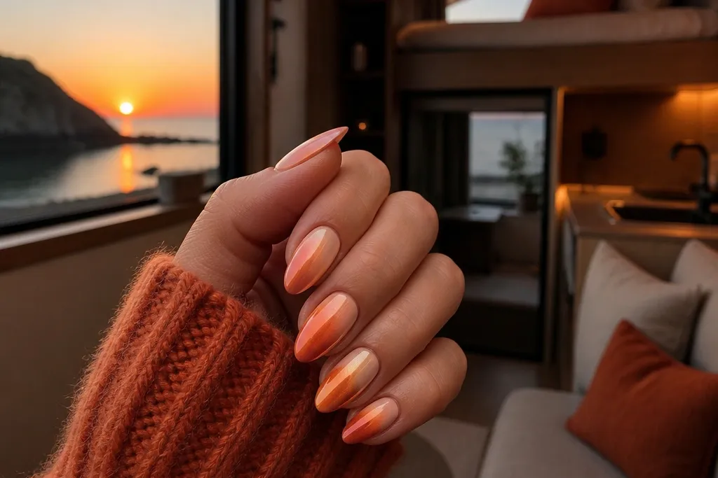 Compact small space sunset nails with orange glow