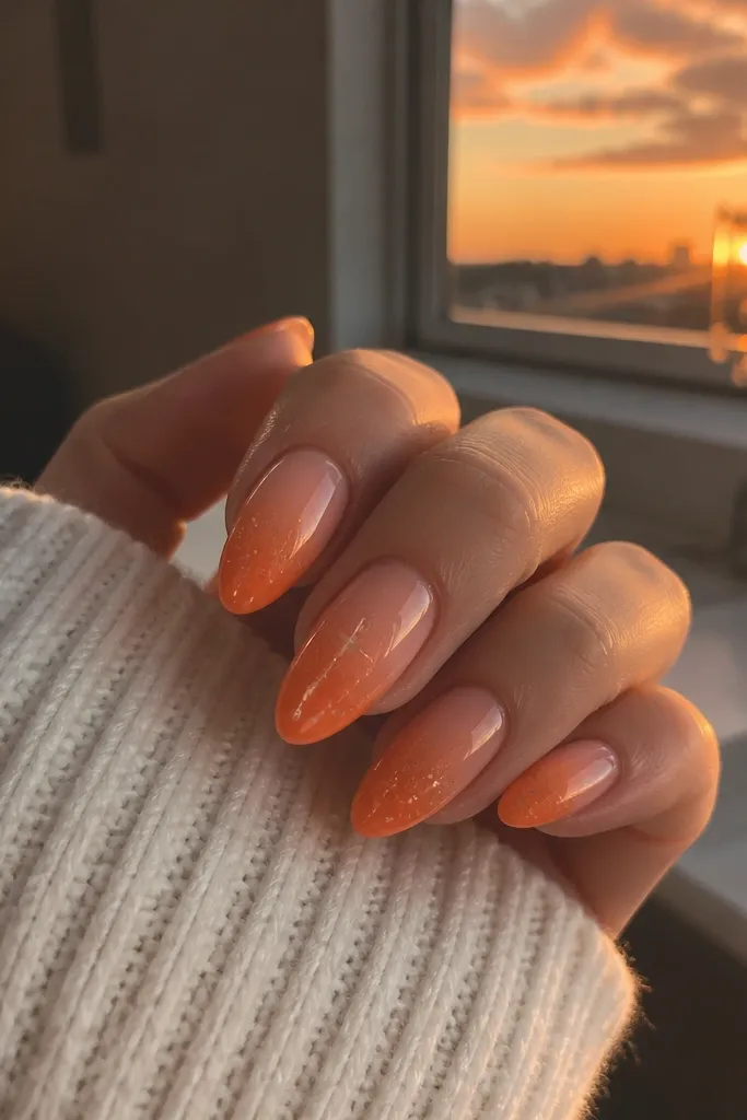 Compact small space sunset nails with orange glow