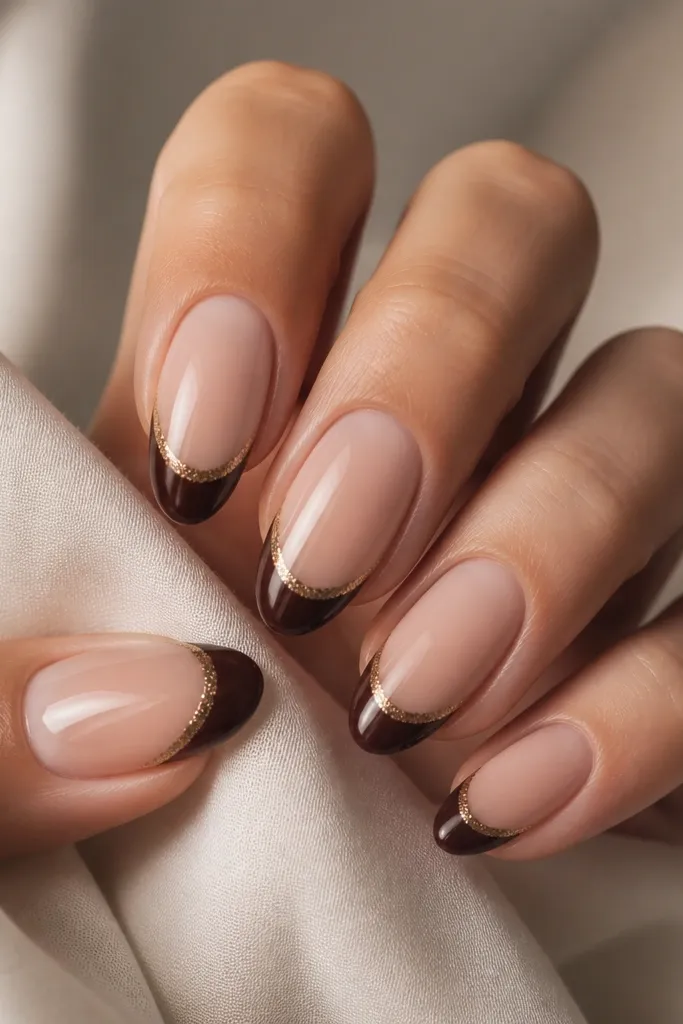 Five almond nails with a sheer nude base. The chocolate french tips are glossy, and there's a thin strip of fine warm brown-gold micro-glitter along the outer edge of the tip arc.