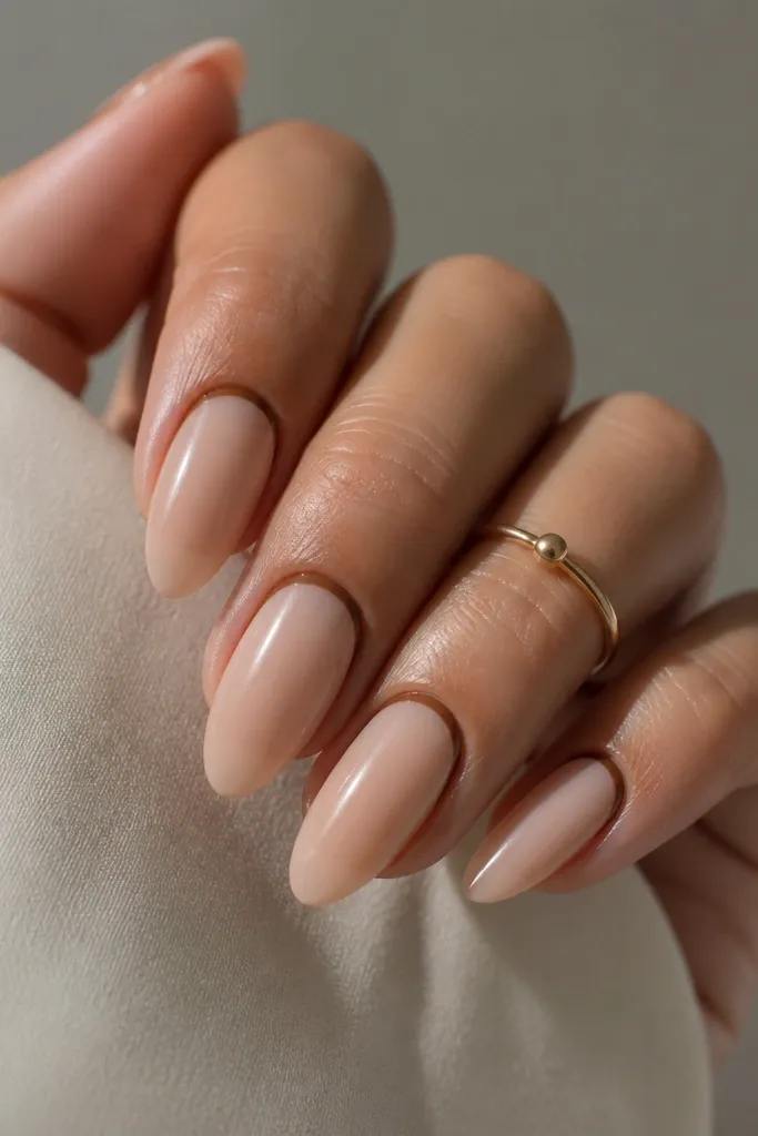 Four almond nails. The base is sheer nude. Instead of a top french, there's a thin cocoa brown outline around the cuticle area, forming a reverse french curve. The rest of the nail is nude and glossy.