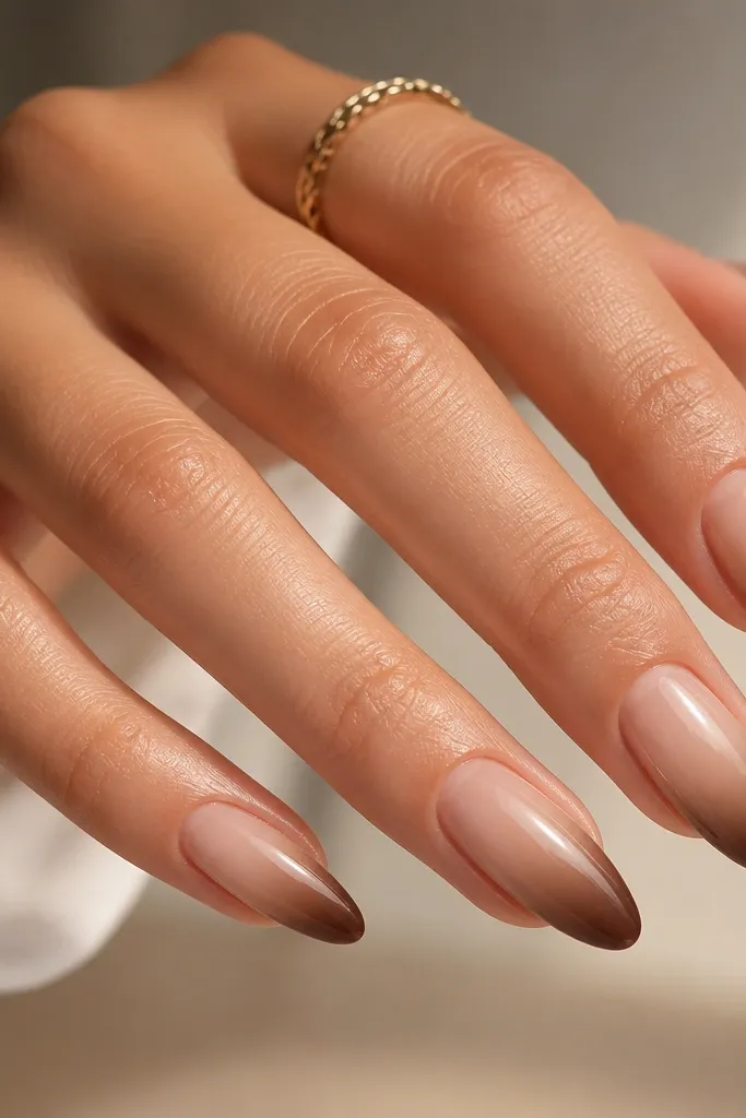 Five almond nails with a sheer nude base. The french tip area fades from nude into a chocolate brown ombre, with the darkest shade at the very tip. The finish is glossy.