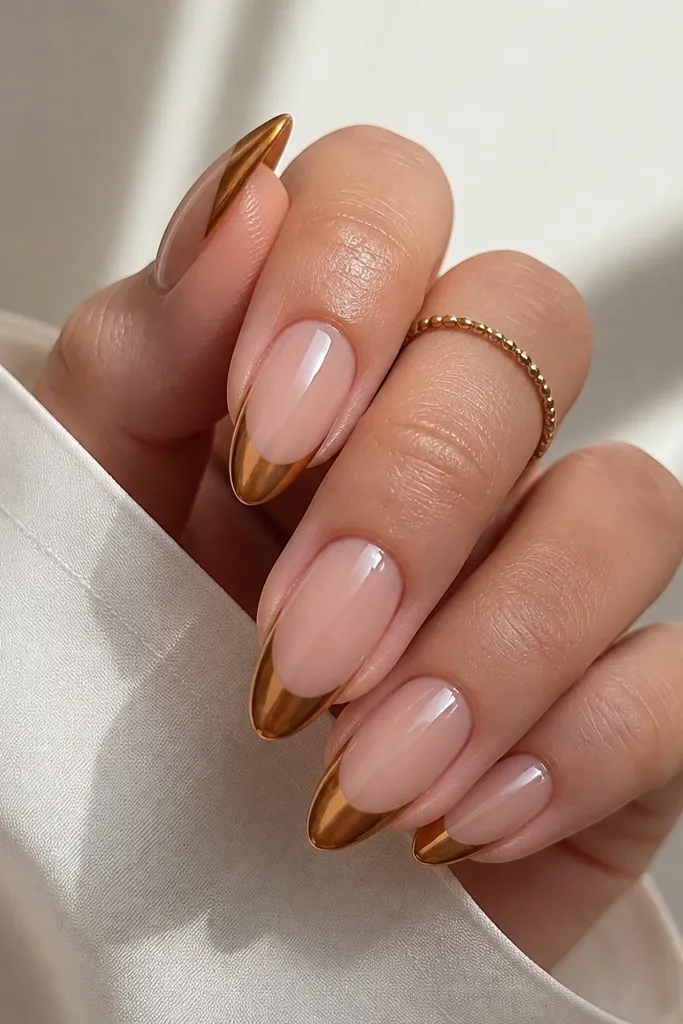 Four almond nails. The base is sheer nude. The french tips are a caramel-brown chrome that shifts from honey to brown under light. The tips have a crisp arc and high shine.