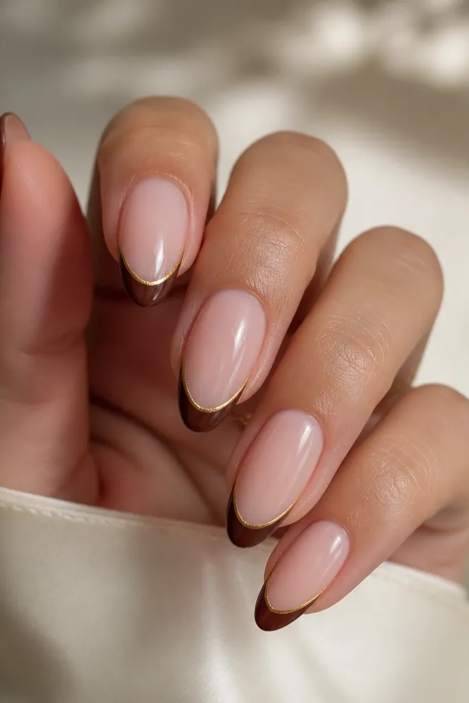 Five almond nails with a sheer nude base. The french tips are chocolate brown. A super thin gold line runs just along the outer edge of the tip like a second smile line.